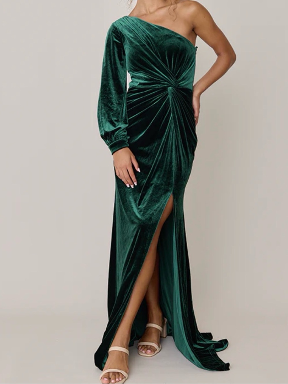 Revelry One-Shoulder Velvet Gown in Dark Green